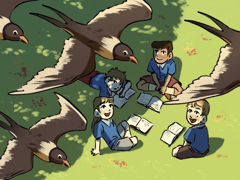 un disegno di tre bambini che studiano felici su un prato con degli uccelli che volano liberi nel cielo